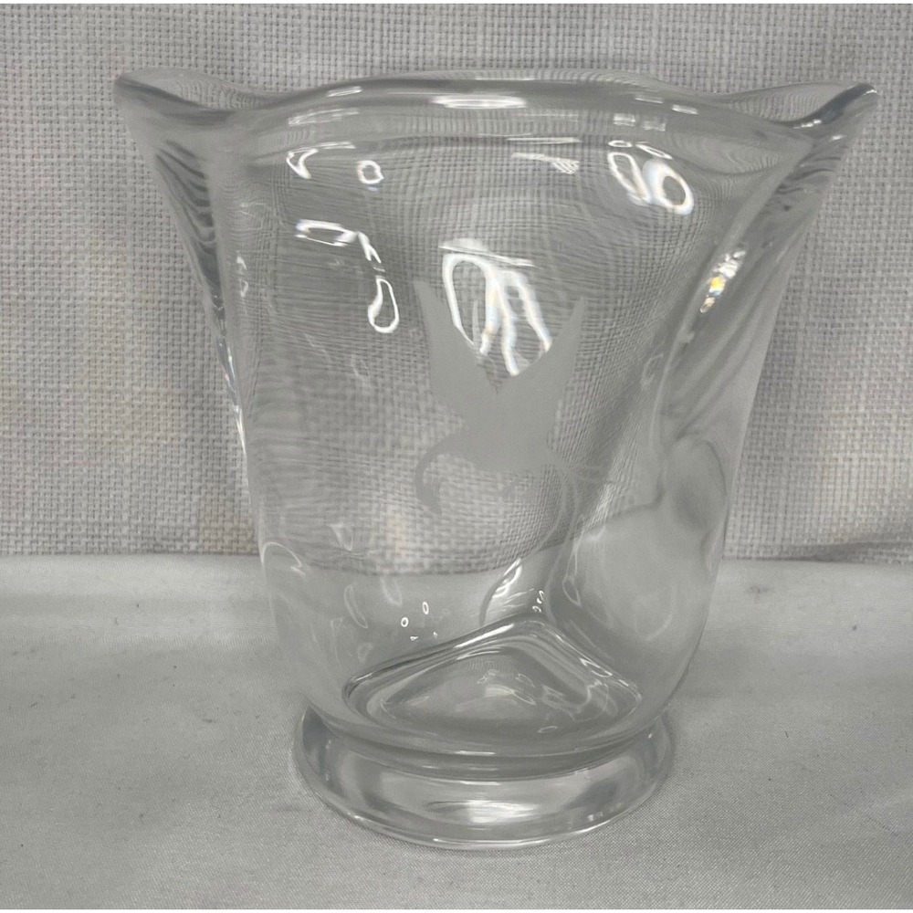 Orrefors Sweden Crystal Ruffled Vase Etched Bird Signed Art Glass 2400 Clear
